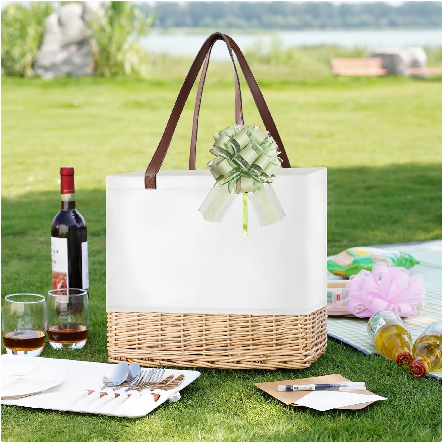 Wicker Picnic Basket for 2 Person, Folding Rattan Set, White image 5