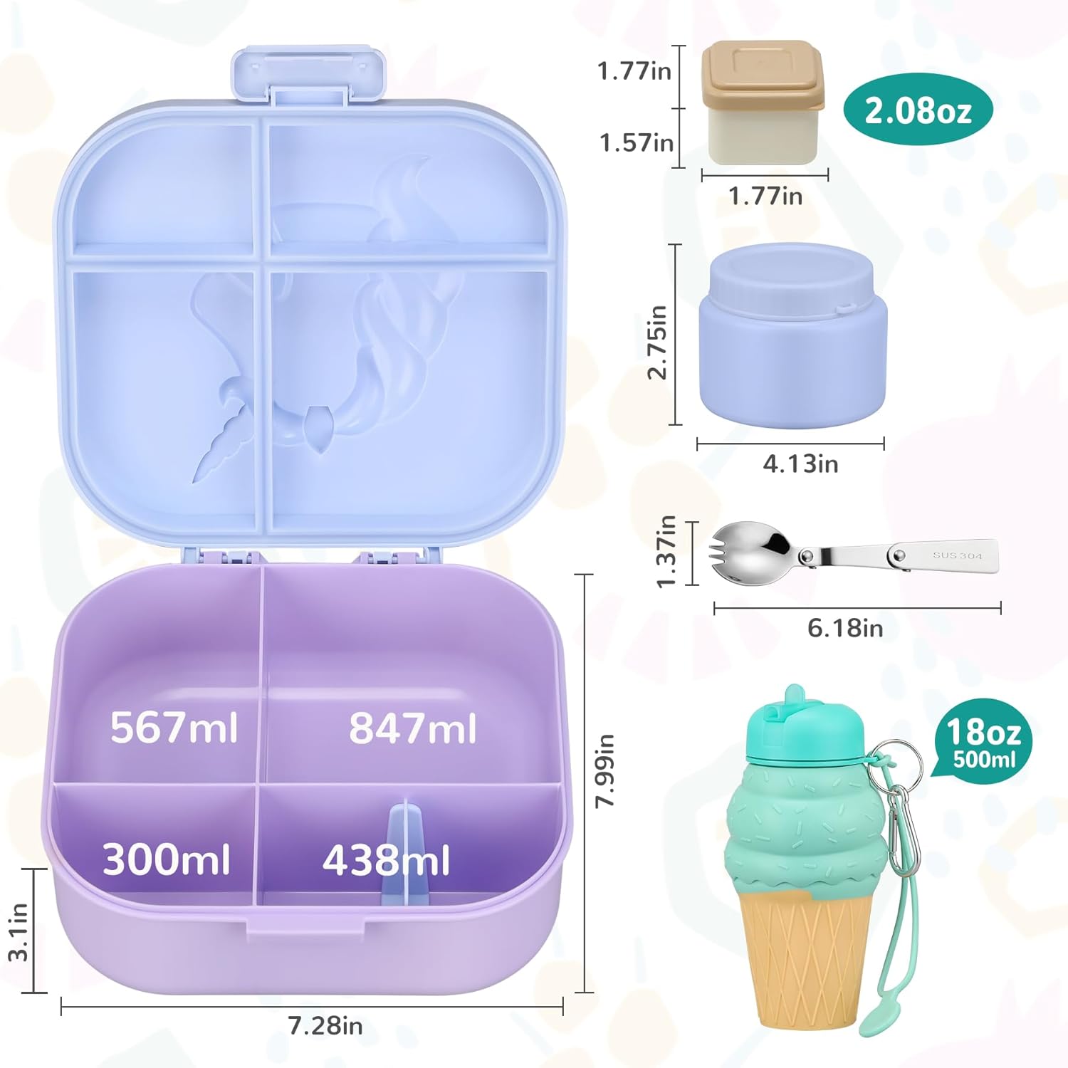 Lunch Box Kids Bento Lunch Box with 13oz Soup Thermo Leak-Proof Lunch Food Container with 5 Compartment Thermo Hot Food Jar and Insulated Lunch Bag for Kid Toddler Girls Boys to School