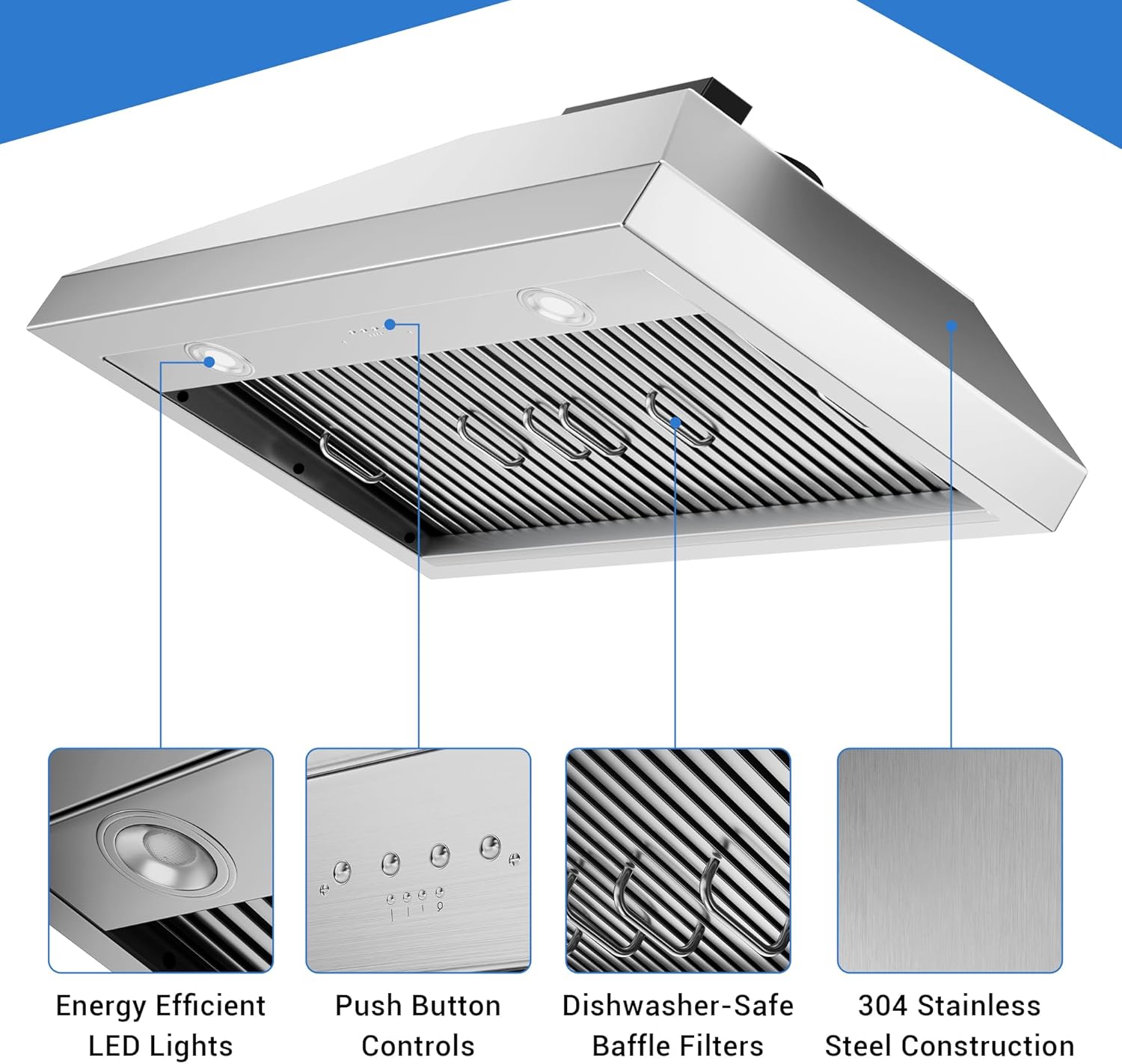 CT Copper Tailor Built-in Range Hood Insert/Liner 36 Inch,610 CFM Vent with 4-Speed Fan, LED Light, Dishwasher-safe Baffle Filter,Stainless Steel