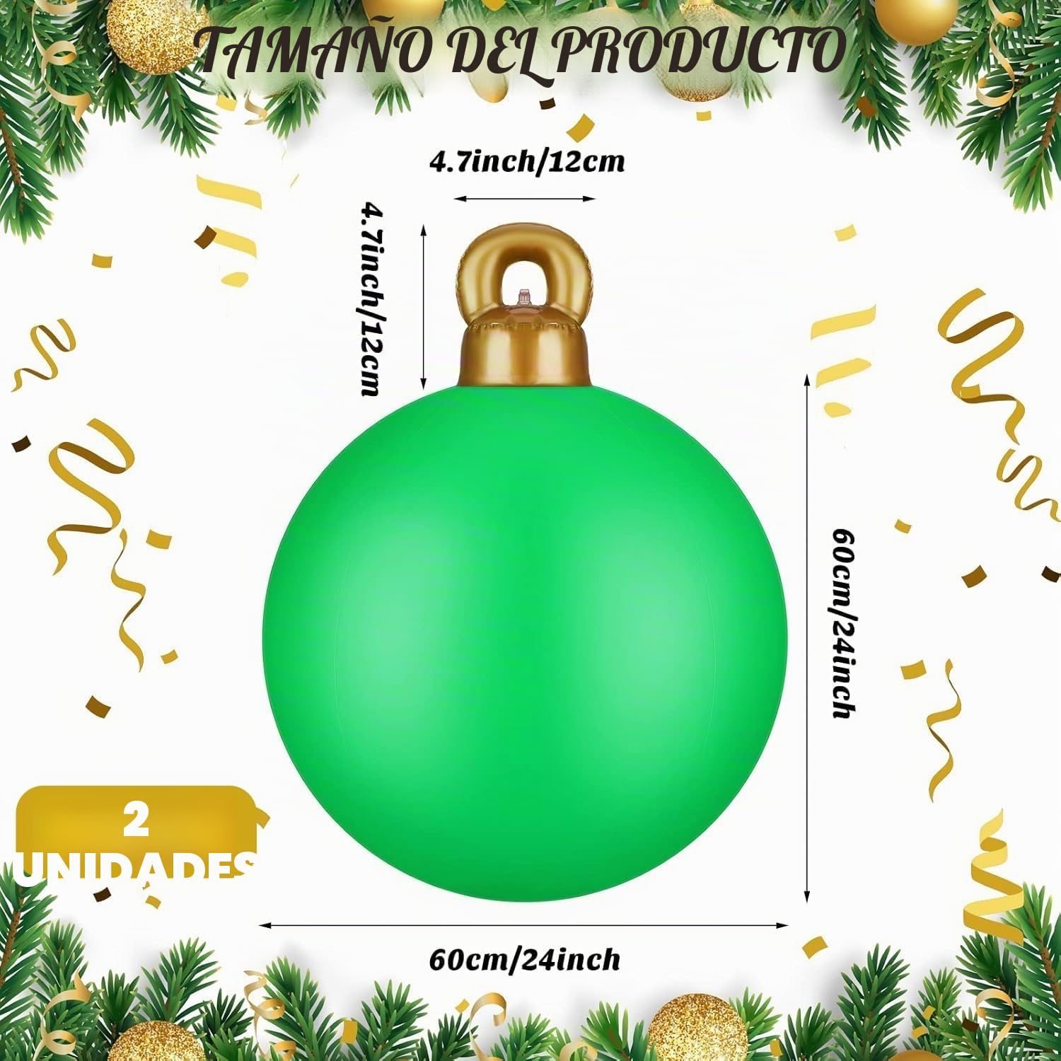 KAHEIGN 2 Piezas Bolas Inflables Gigantes de Navidad, 60CM Roja Verde Bola Decorativa Inflable Adorno Navideño de PVC para Navidad Interior Exterior Hogar Jardín Césped Patio Porche Decoración