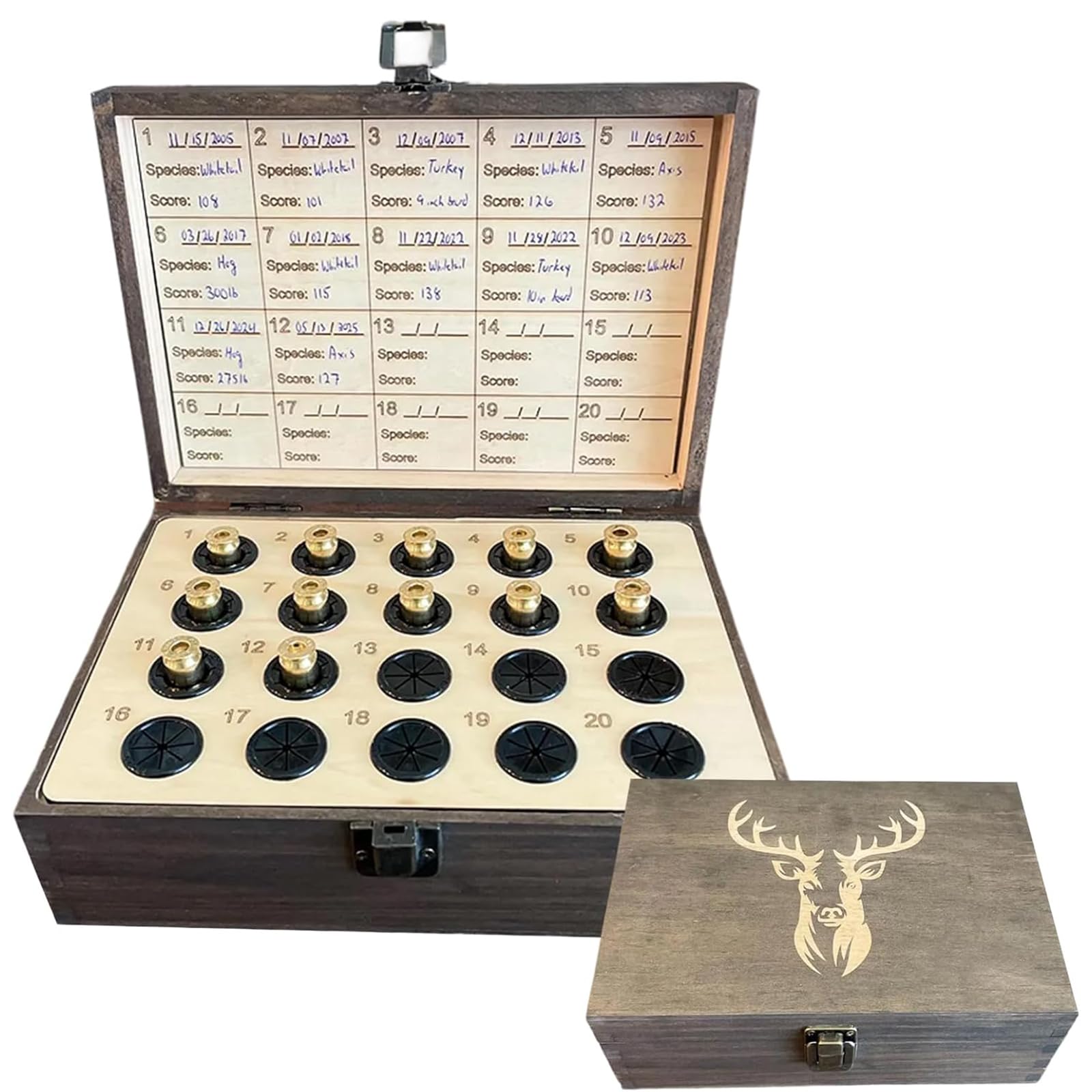 The Hunter's Legacy Memory Box, Hunting Keepsake Wooden Box with Shell Slots, Notes Chart and Hidden Layer for Casings, Tags & Photos, Hunting Memorabilia Storage Boxes, for Dad Husband (GRAY)