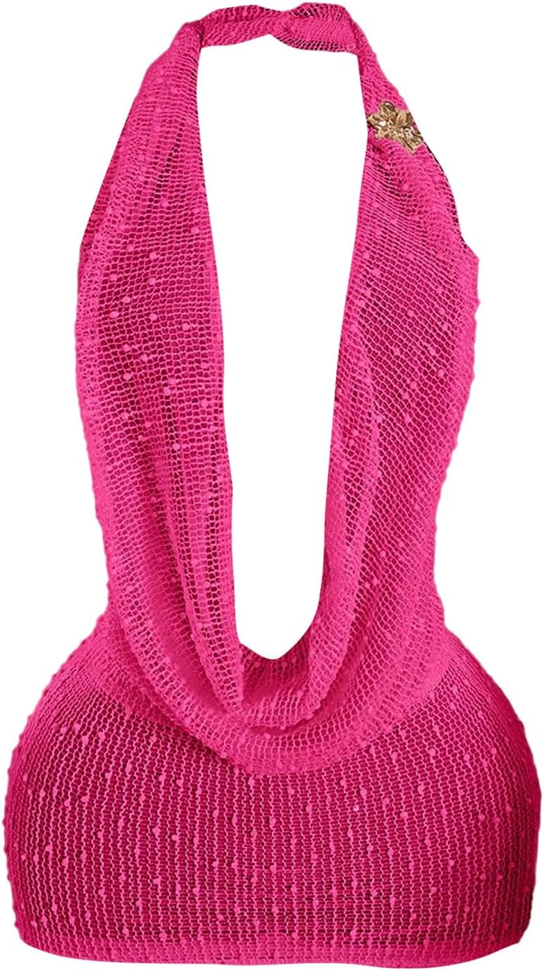 SOLY HUX Women's Halter Mesh Mini Dress Sexy Deep V Neck Draped Sleeveless Backless Bodycon Vacation Club Party Dresses