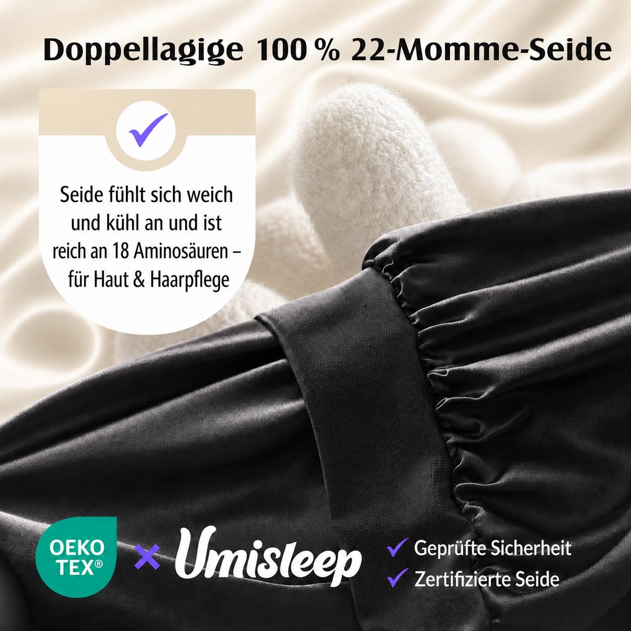 Umisleep 22 Mommes, berretto da notte in seta di gelso in seta di seta di seta morbida per capelli ricci, traspirante, fascia larga regolabile per fissare la testa, nero