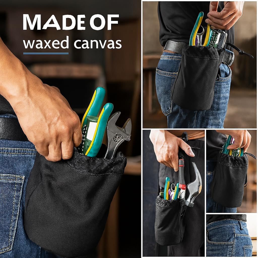 Waxed Canvas Nail/Screw Pouch, Tool Pouch with Belt Clip, 5 x 5 x 8 Inch Rounded Bolt Bag with Stand up Base Metal Clip on Organizer, Nail Pouch Suitable for Carpenters, Electrician, Carpenter
