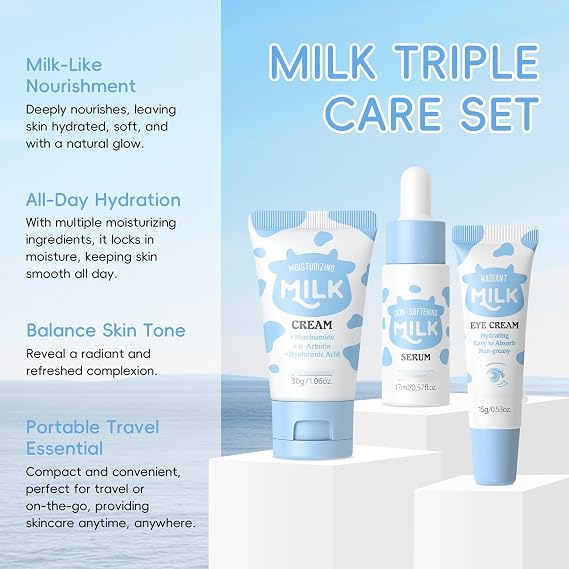 Milk Skincare Set Teen Girls Gifts - Travel Kit - Skincare for Teens 10-12 Hydrating - Travel Size Facial Kit for Women with Cleanser,Serum,Cream,Headband,Cleansing Brush, Hypoallergenic