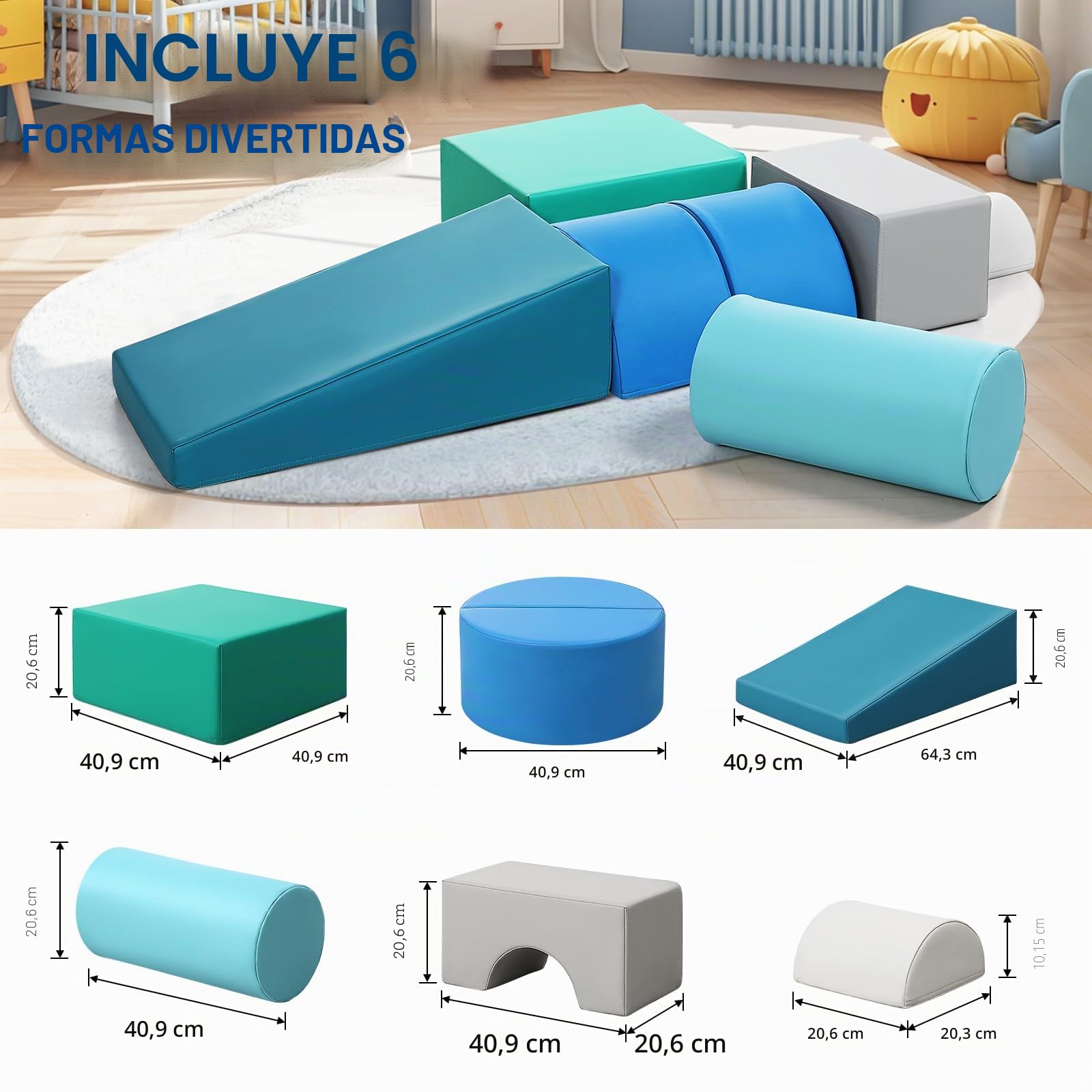 JungleDove Juego de 6 Bloques de Espuma para Niños: Cuero PU Bloques Psicomotricidad Infantil - Set de Escalada Arco Elíptico Suave Ligero para Interior Infantil para Escalar y Niños de 4 Años