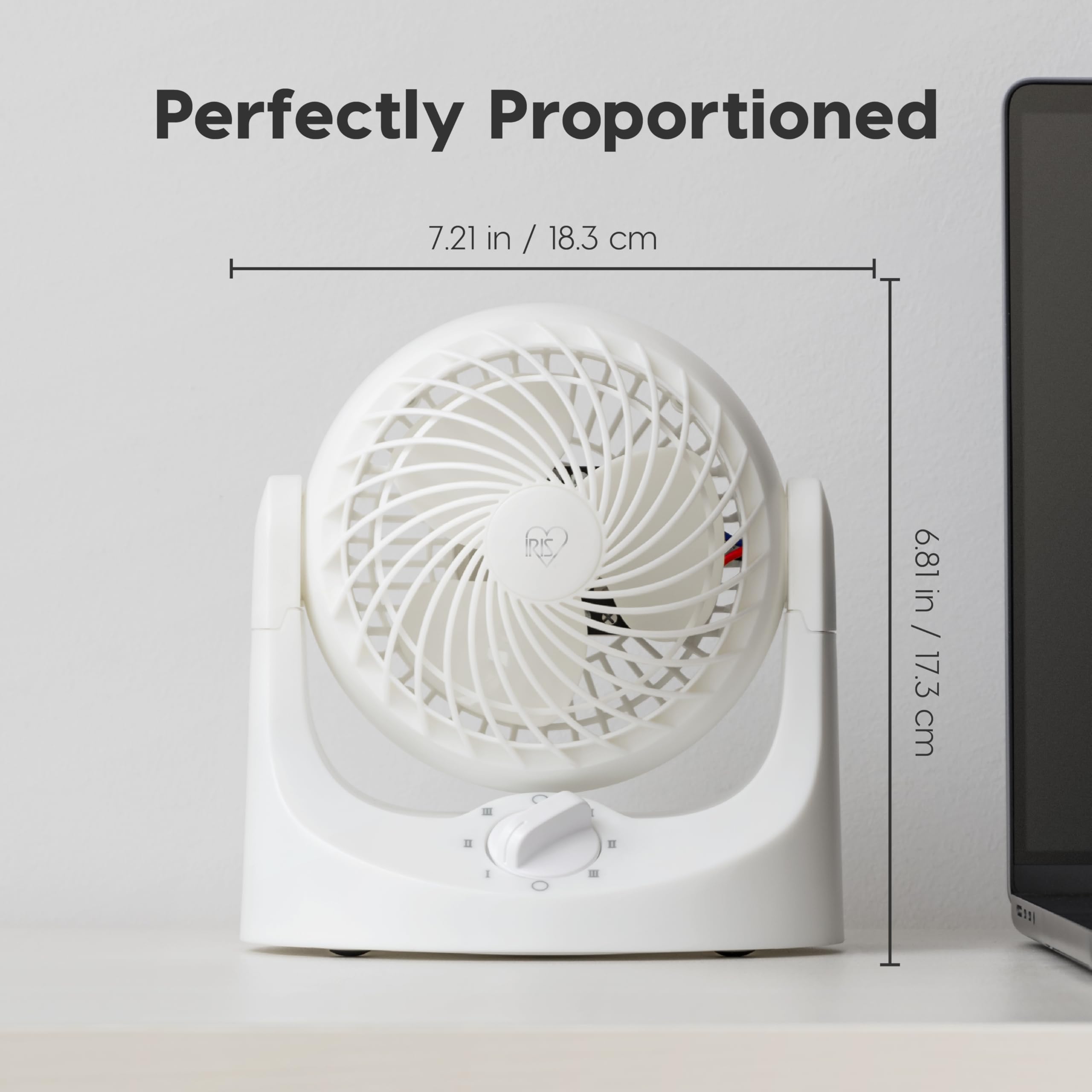 Iris Ohyama Woozoo Ventilatore da tavolo, 7,4 m³/min, inclinazione verticale 110°, bianco, 3 velocità, silenzioso, ideale per camera da letto, cucina, raffreddamento ad aria, potente, made in Francia