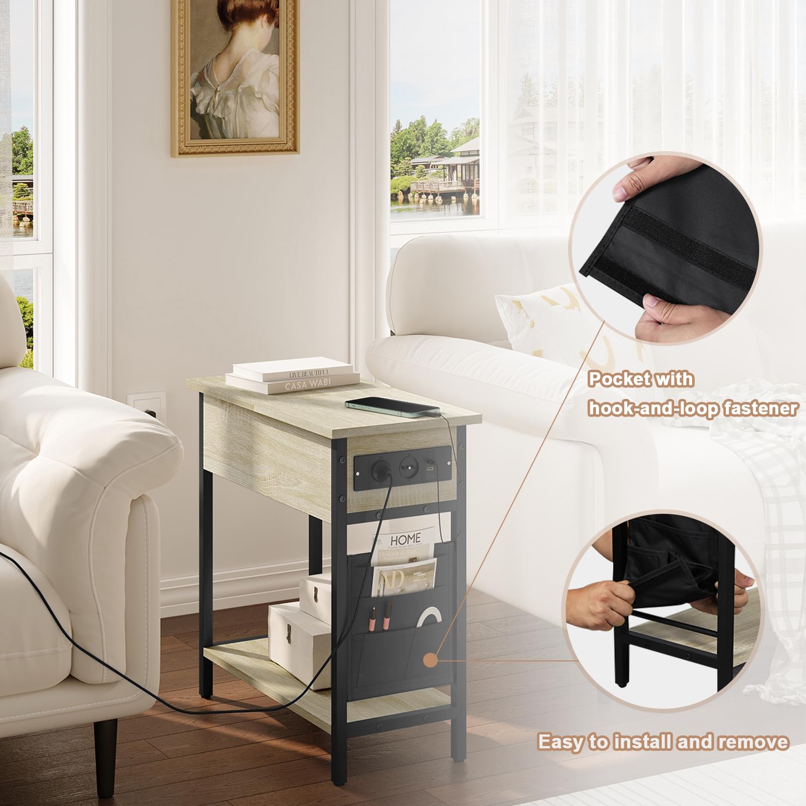EUGAD Tavolino da Salotto con Area di Ricarico, Tavolino da Divano Laterale, Comodino con Piano Ribaltabile, Scatola in Tessuto, 2 Prese e 2 Porta USB, Rovere Chiaro