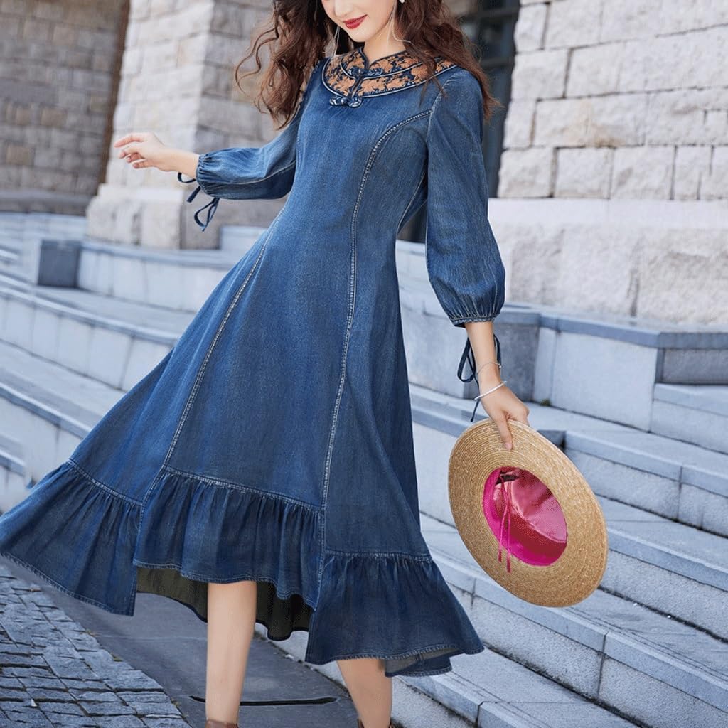 Embroidery ethnic hand-made button dress lace embellished fishtail denim skirtXL code