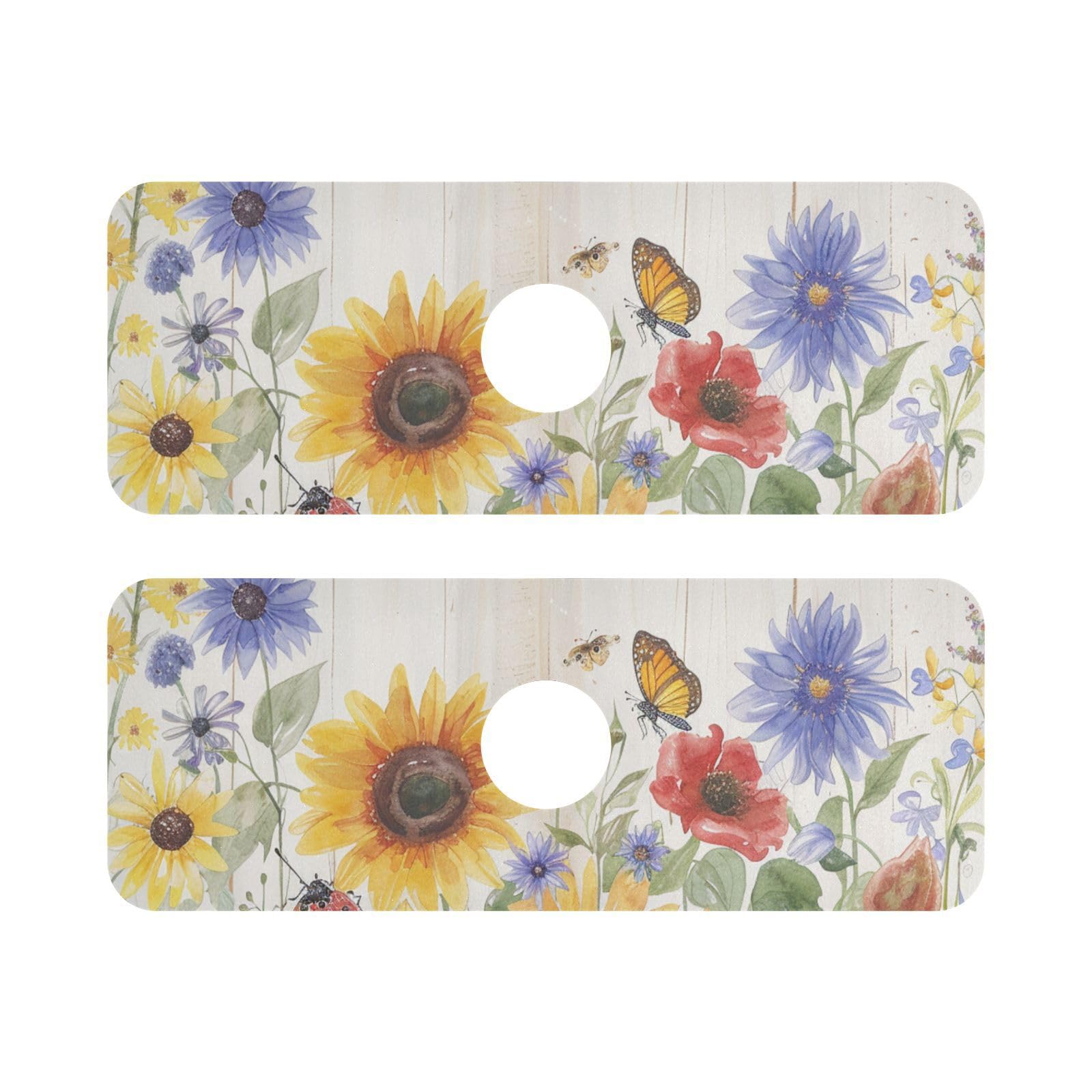 Watercolor Cornflower Butterfly Kitchen Sink Splash Guard Faucet Mat Diatomite Absorbent Pad for Bathroom RV 14.7x5.4in 2PCS water