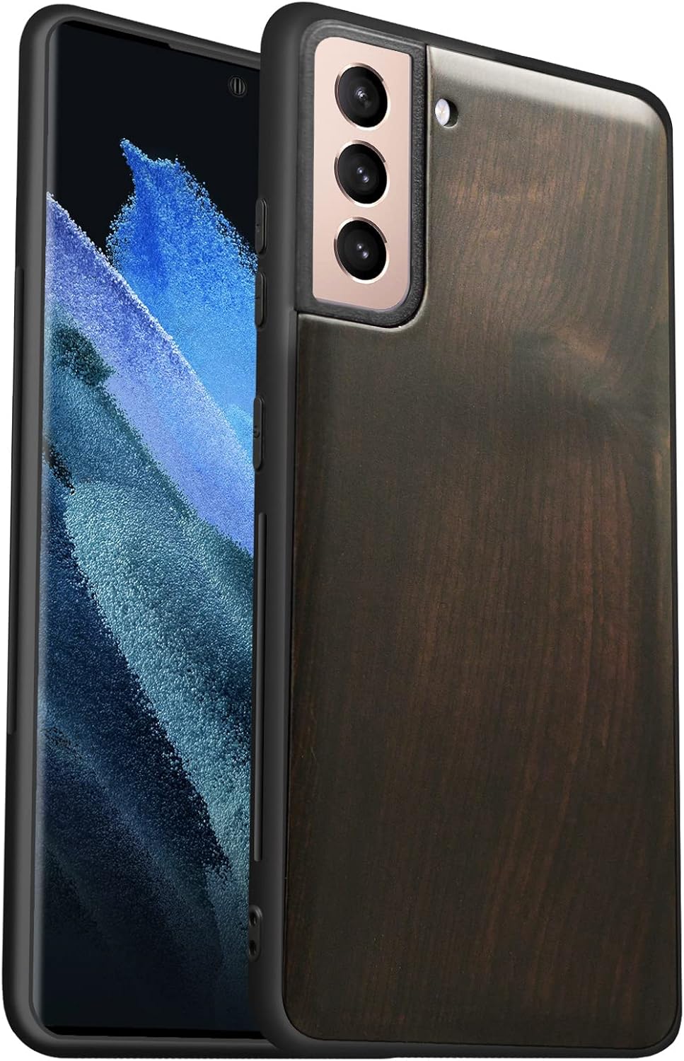 Carveit Wood Case for Galaxy S21 Case 2021 [Hard Real Wood & Soft Black TPU] Shockproof Hybrid Protective Unique Wooden Cover Compatible with Samsung Galaxy S21 5G (Blackwood)
