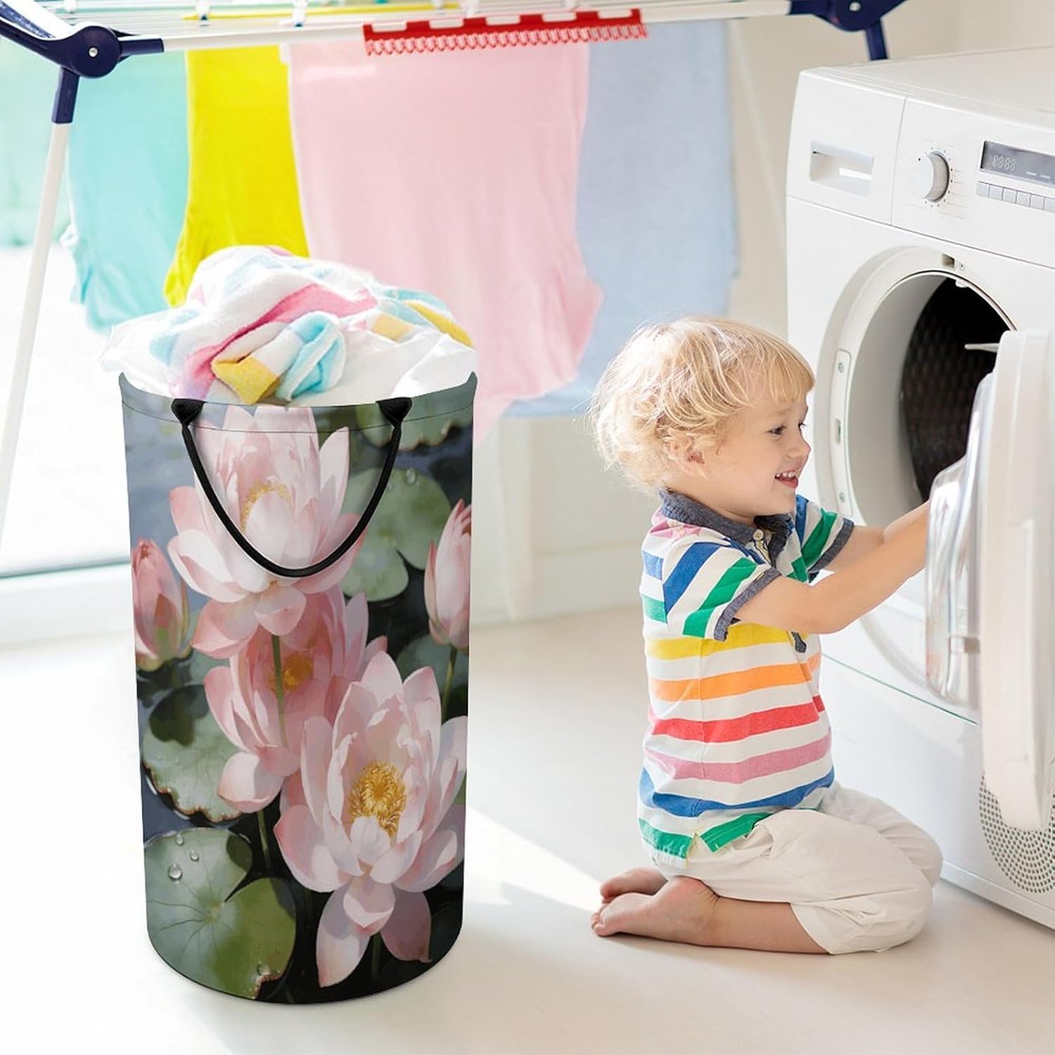 Bright Sunny Day, Lotus Flowers Laundry Hamper 86L Waterproof Collapsible Clothes Basket with Double Handles Freestanding Foldable Laundry Basket Large Clothes Hamper for Bathroom