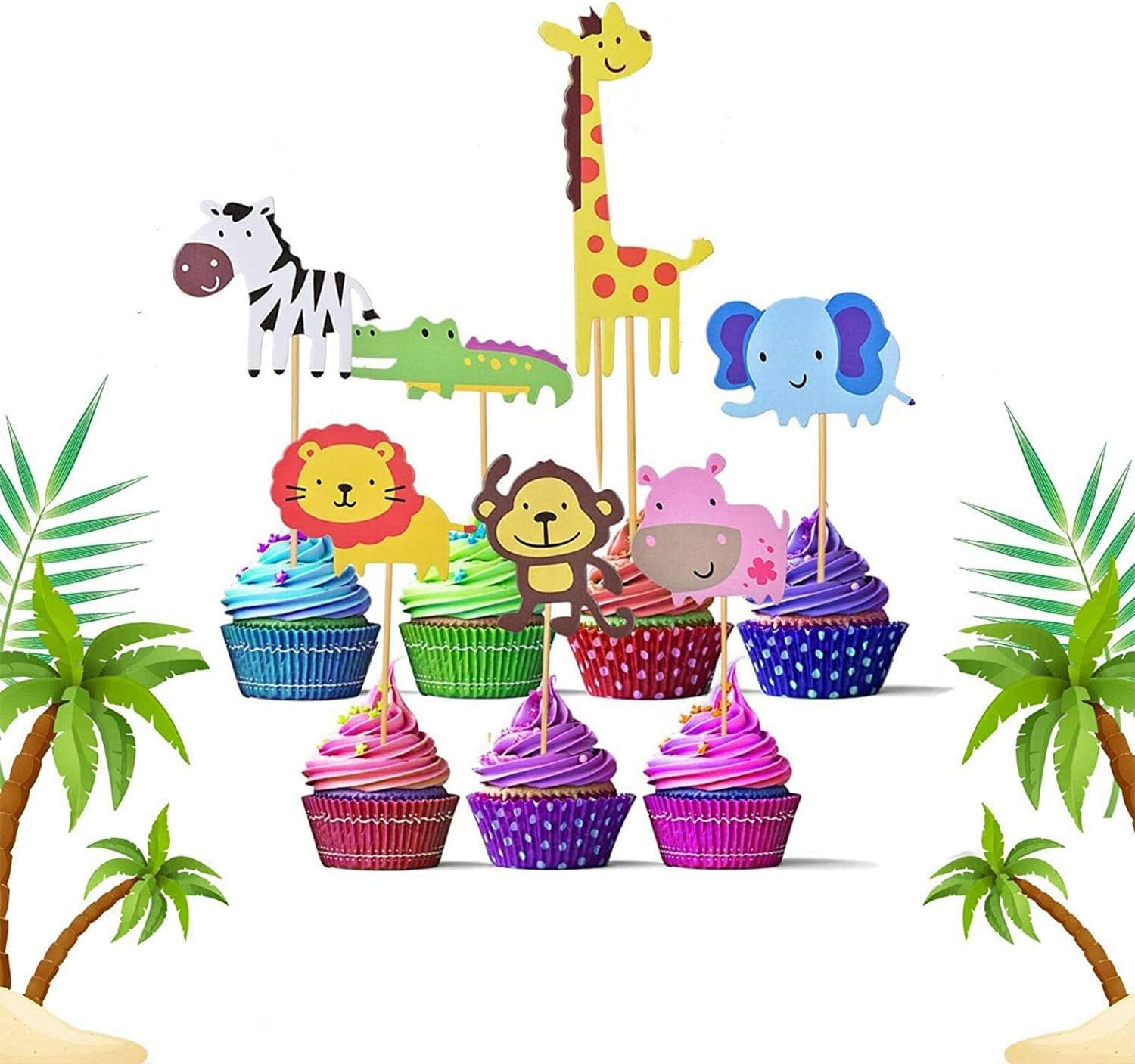 Zoo Animal Cupcake Topper, Kids Party Cake Decoration Party Supplies, Cute Zoo Animal Decoration Cake Flags Baby Shower Birthday Party Decoration Cake Baking Party Supplies Cupcake 21 Pcs