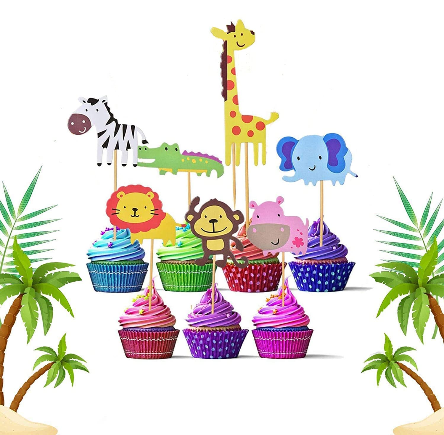 Zoo Animal Cupcake Topper, Kids Party Cake Decoration Party Supplies, Cute Zoo Animal Decoration Cake Flags Baby Shower Birthday Party Decoration Cake Baking Party Supplies Cupcake 21 Pcs