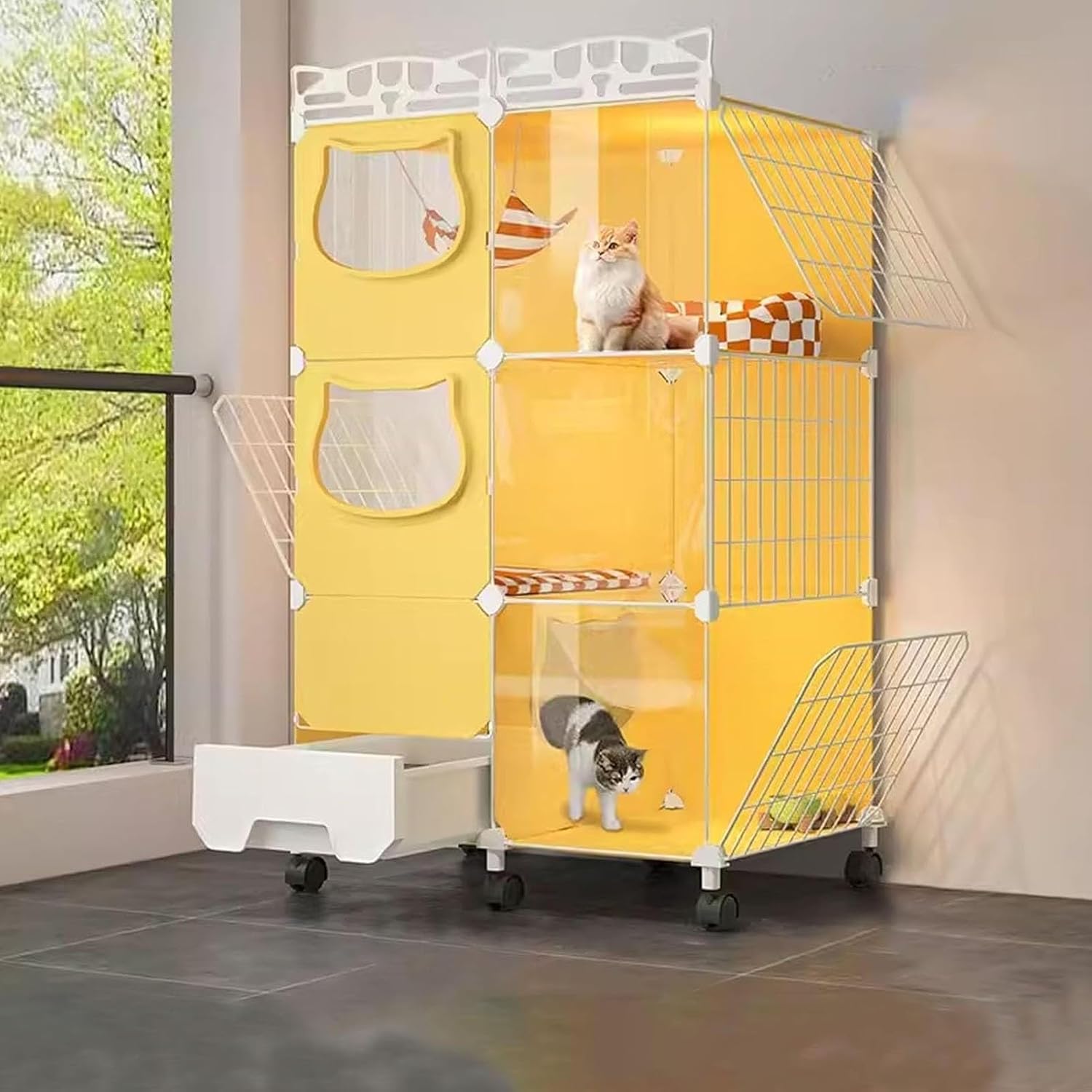 Cat Cage, Cats Enclosures with Universal Wheels and Litter Box, 3-Tier Cat Tree, Indoor DIY Cats Playpen for Small Animal, Pet Cage(49cm/18.5in)