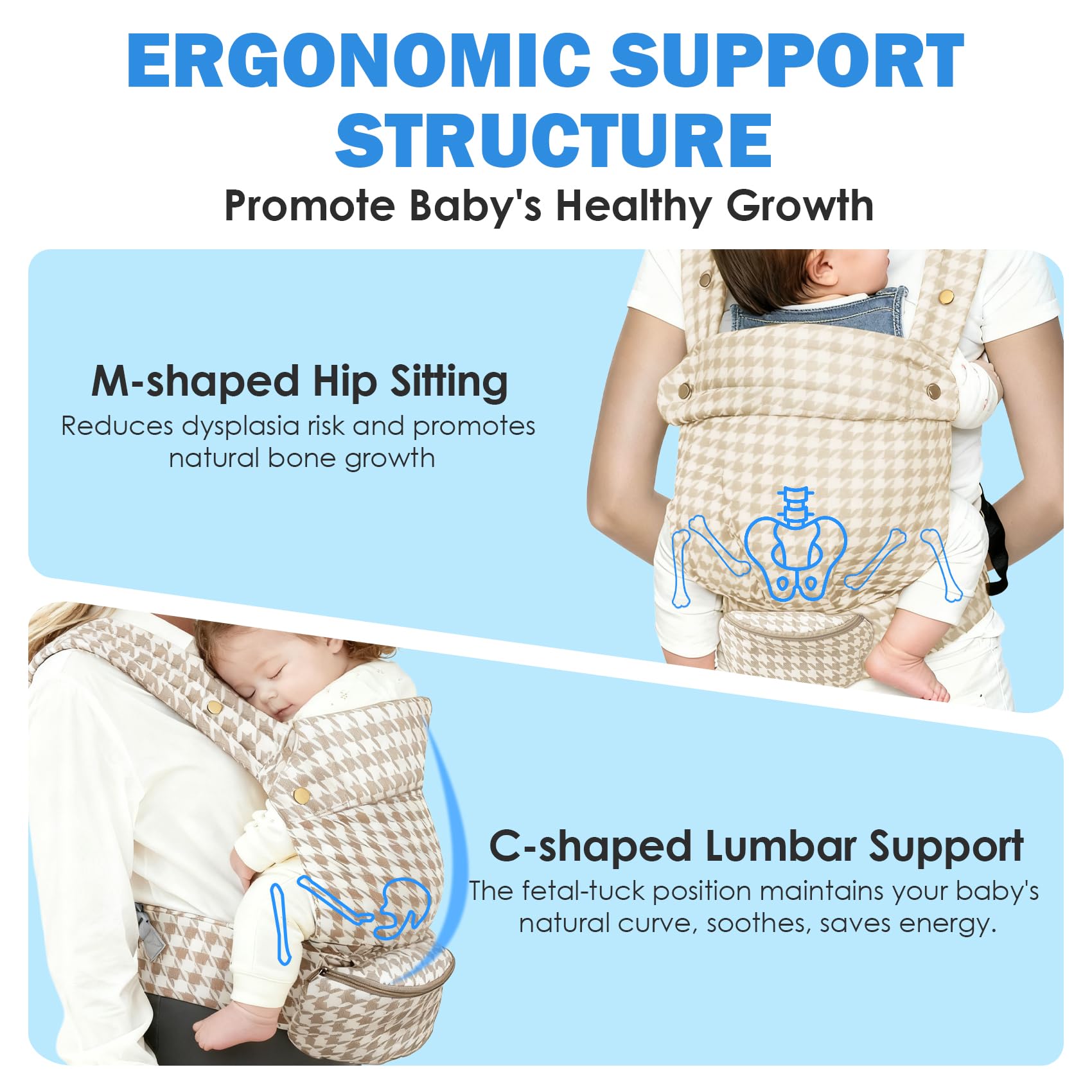 Baby Carrier with Storage Bag, 4 in 1 Front & Back Facing Design, Forward Facing, Adjustable, Baby Essential, Head Support, Baby Carrier for Newborn to Toddler, Champagne Houndstooth