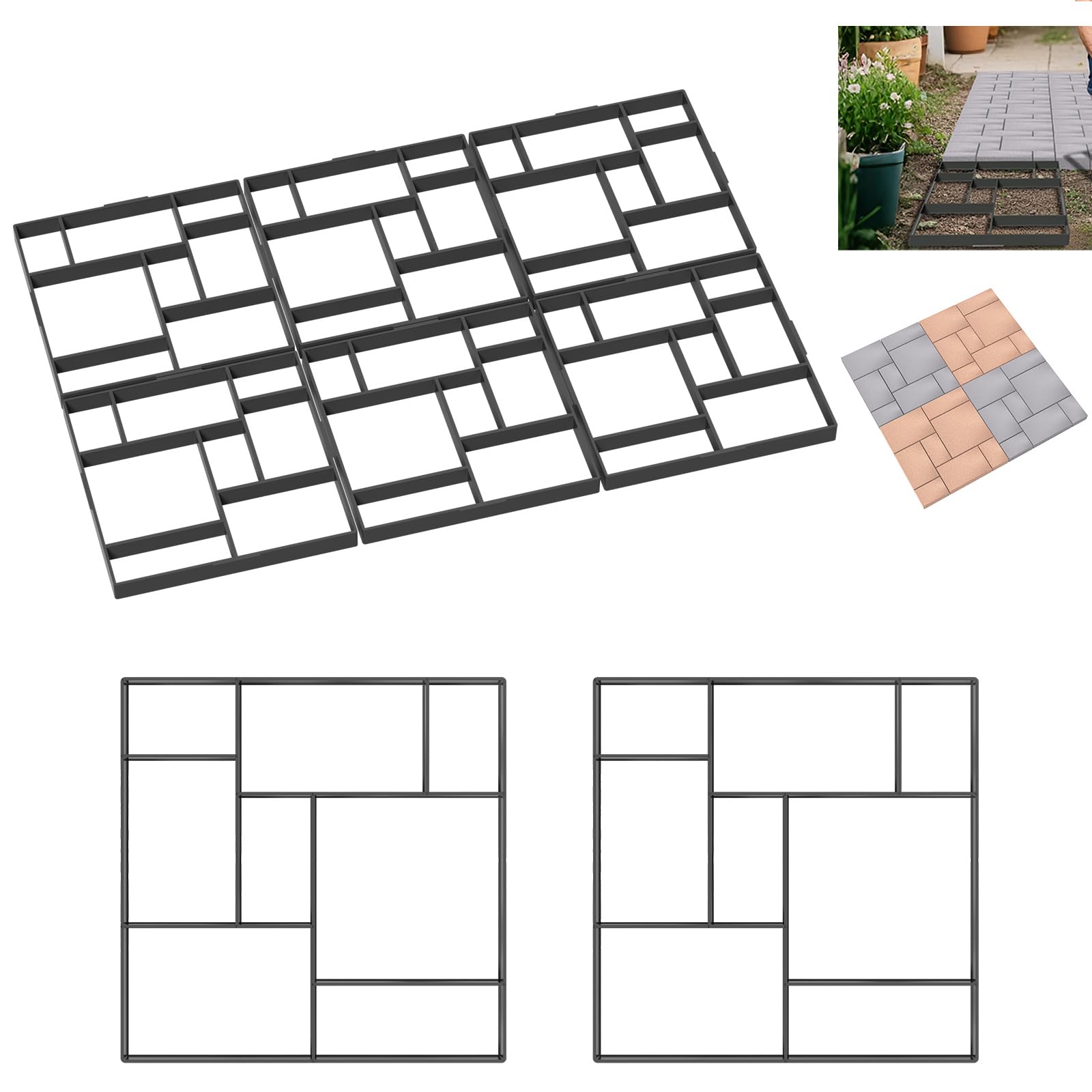 Aufun Lot de 8 moules à pavés DIY à 8 compartiments, moules en béton, 50 x 50 x 4,5 cm, pour jardin, dalles de trottoir, dalles de jardin, dalles de terrasse, béton, noir, type B