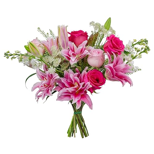 Miniatura 4 de KaBloom Flores - Colección Día de la Madre - Ramo de 12 rosas rosas rosas 5 estrellas lirio rosa con verdes exuberantes con florero.Regalo para