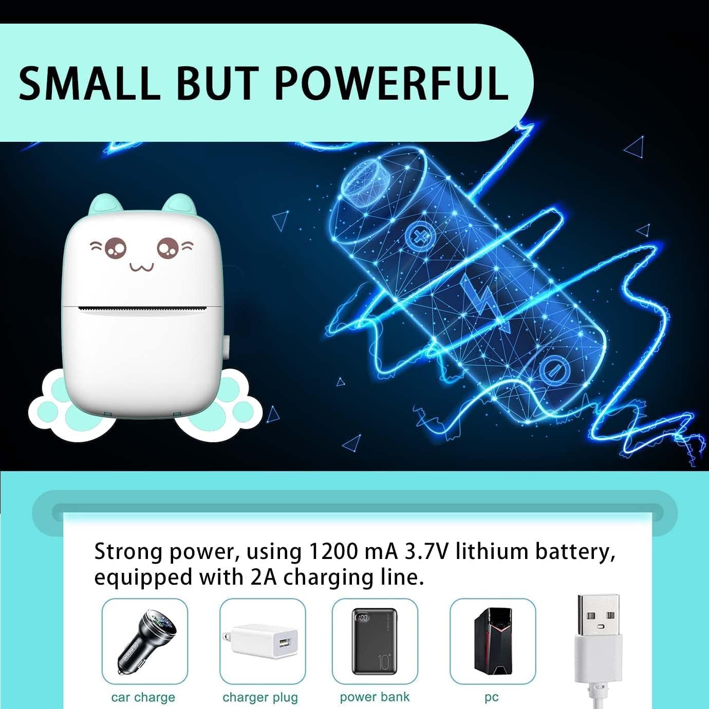 Mini Printer,Portable Inkless Printers,Portable Thermal,Mini Photo,5 Rolls of Printer Paper,5 Colored Pens,Cartoon sticker, for Office,Home 2026 - view 2
