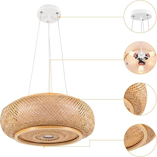 Miniatura 3 de Eapmic Lámpara colgante de bambú tejida a mano, lámpara de ratán de una sola luz, tejido de madera natural, accesorio colgante de techo con cable