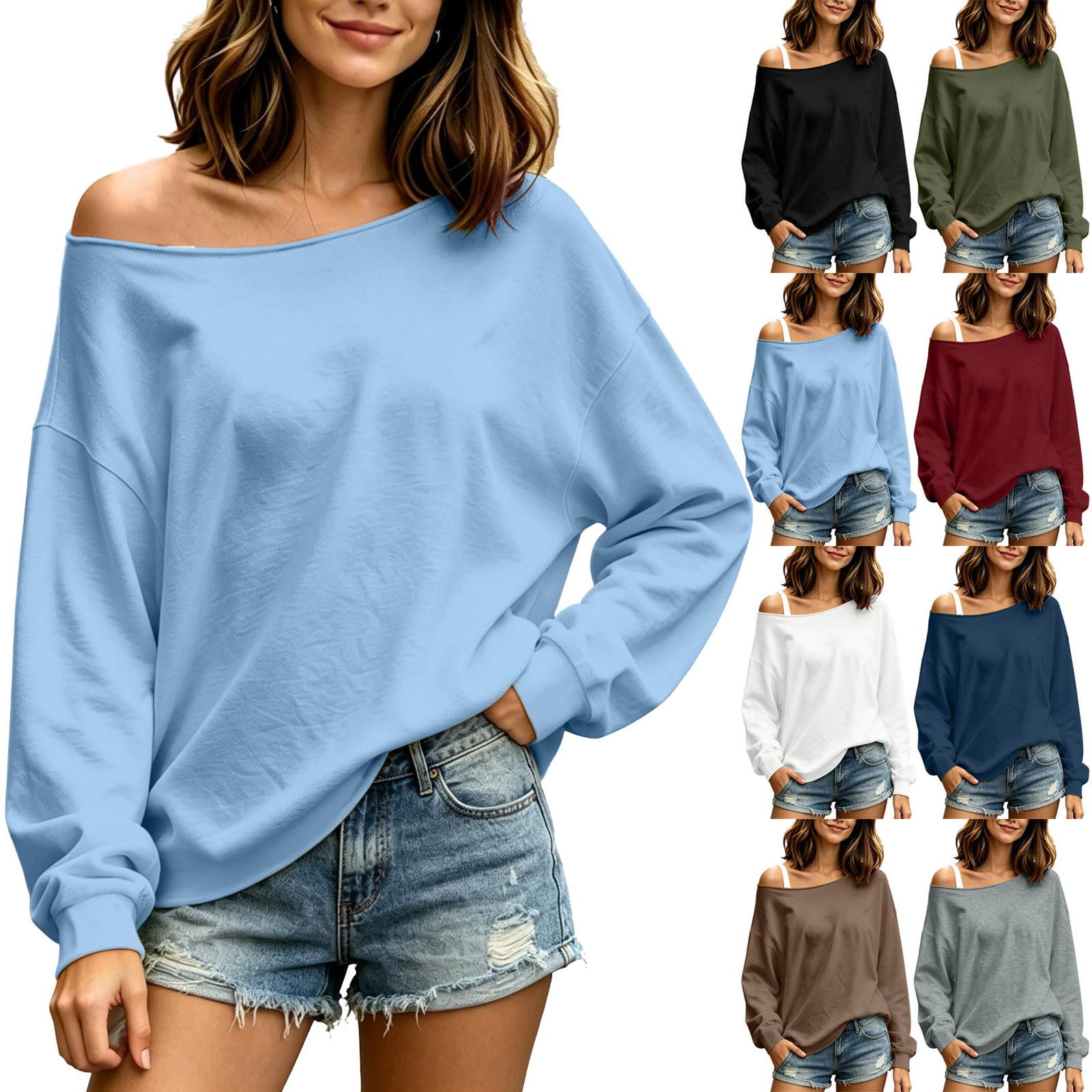 Sweatshirt Damen Pullover Elegant Langarmshirt Off Shoulder Pulli Pullover | Ohne Kapuze Sweatshirts, Herbst Winter Pullis, Leichte Damen-Pullover, Basic Langarmshirts, Casual Einfarbig Oberteil