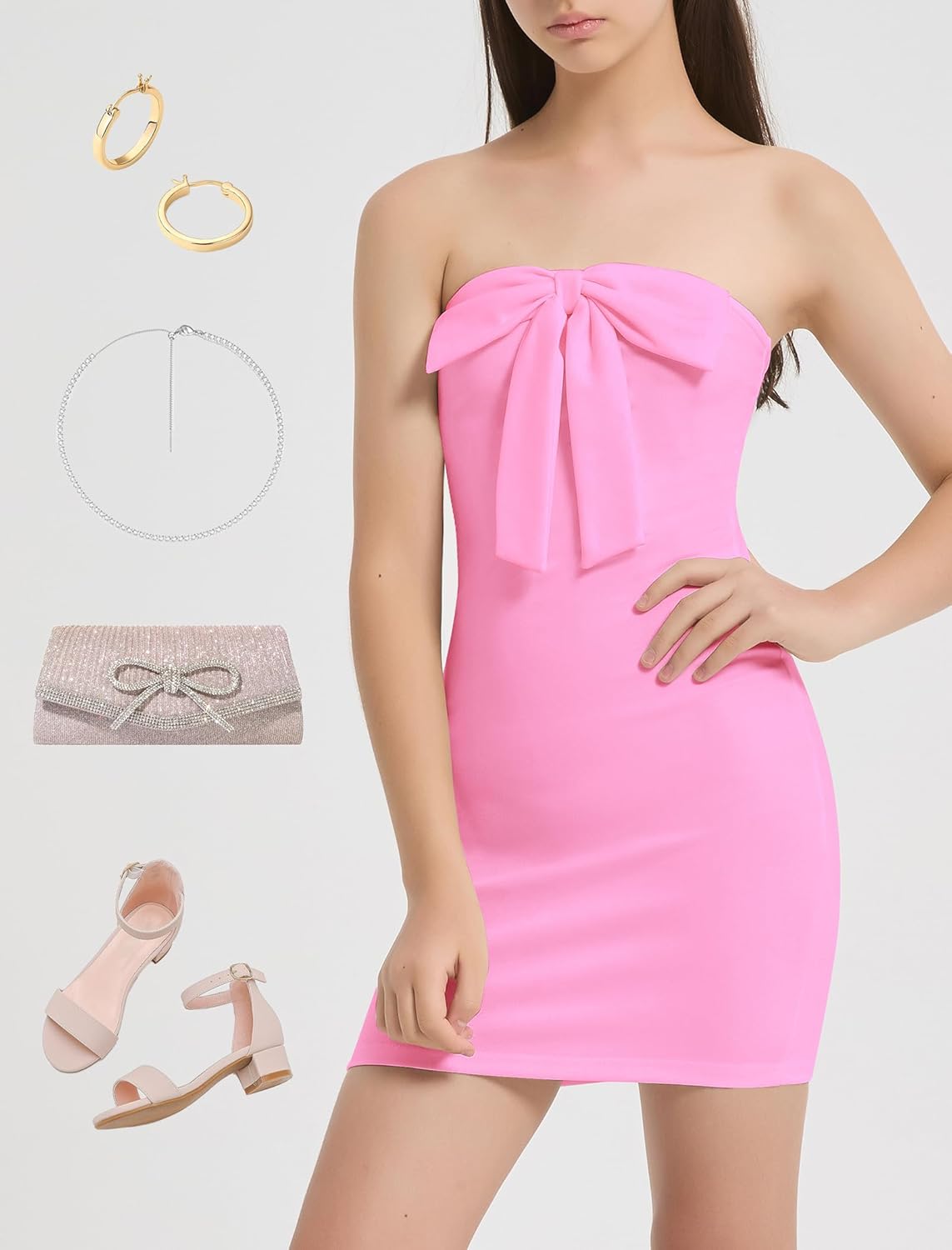 EXARUS Girls Tween Dresses Party Teen Bodycon Strapless Padded Bow Graduation Formal Dance Tube Mini Short Fitted Dress