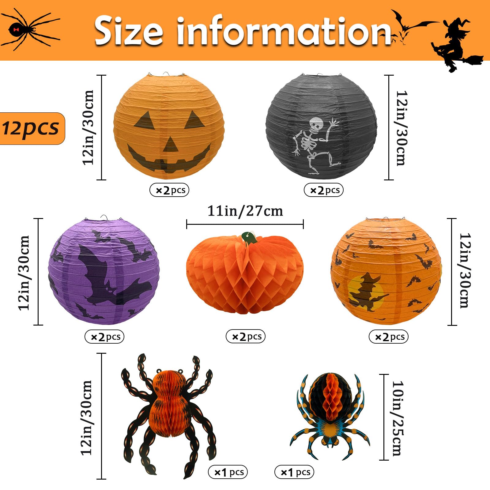 12 Inches 12 Pcs Halloween Jack-O-Lantern Paper Lanterns, Halloween Spider Skeleton Pumpkin Hanging Paper Lantern for Home Outdoor Decoration Party