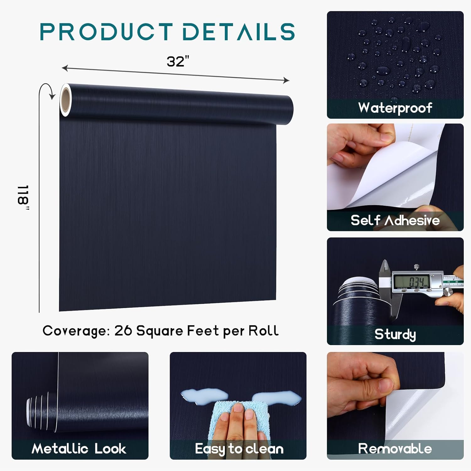 VEELIKE Brushed Navy Blue Stainless Steel Contact Paper for Appliances Refrigerator 32''x118'' Kitchen Countertop Peel and Stick Waterproof Fridge Wrap Blue Metallic Wallpaper Self Adhesive Vinyl Roll