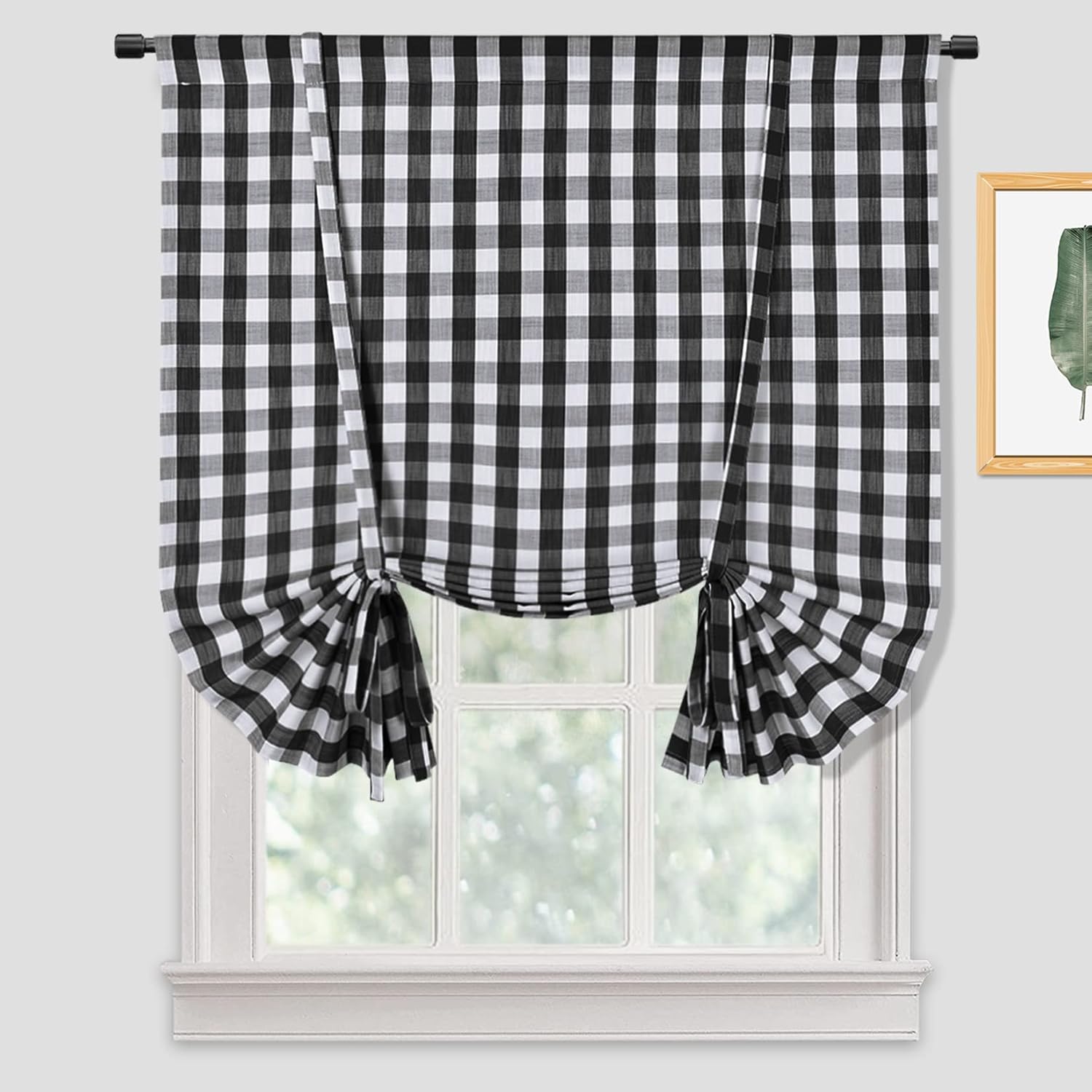 GlowSol Tie Up Curtains for Bedroom Gingham Plaid Window Curtains Rod Pocket Buffalo Check Curtains Adjustable Shade for Kitchen, 42"×63", Black/White