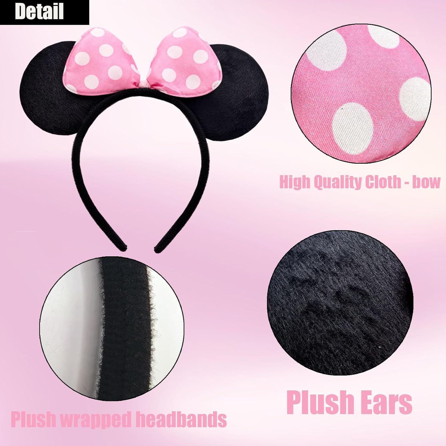 Mouse Ears Headbands Glitter Sequin Ears for Woman Birthday Hairband Party Supplies Amusement Park Festival Favors Headgear Halloween Costume Cosplay Headpiece Decoration（Pink Bow）