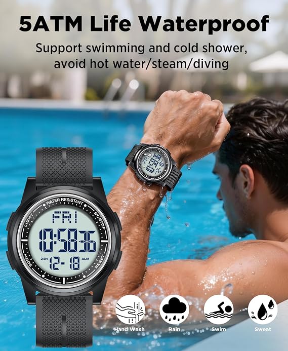 Beeasy Digital Watch for Men Women, 50M Waterproof, Ultra-Thin & Lightweight, 44mm Silicone Sports Watch with Alarm, Stopwatch, Countdown, Ideal for Gym, Running, School, Daily Wear