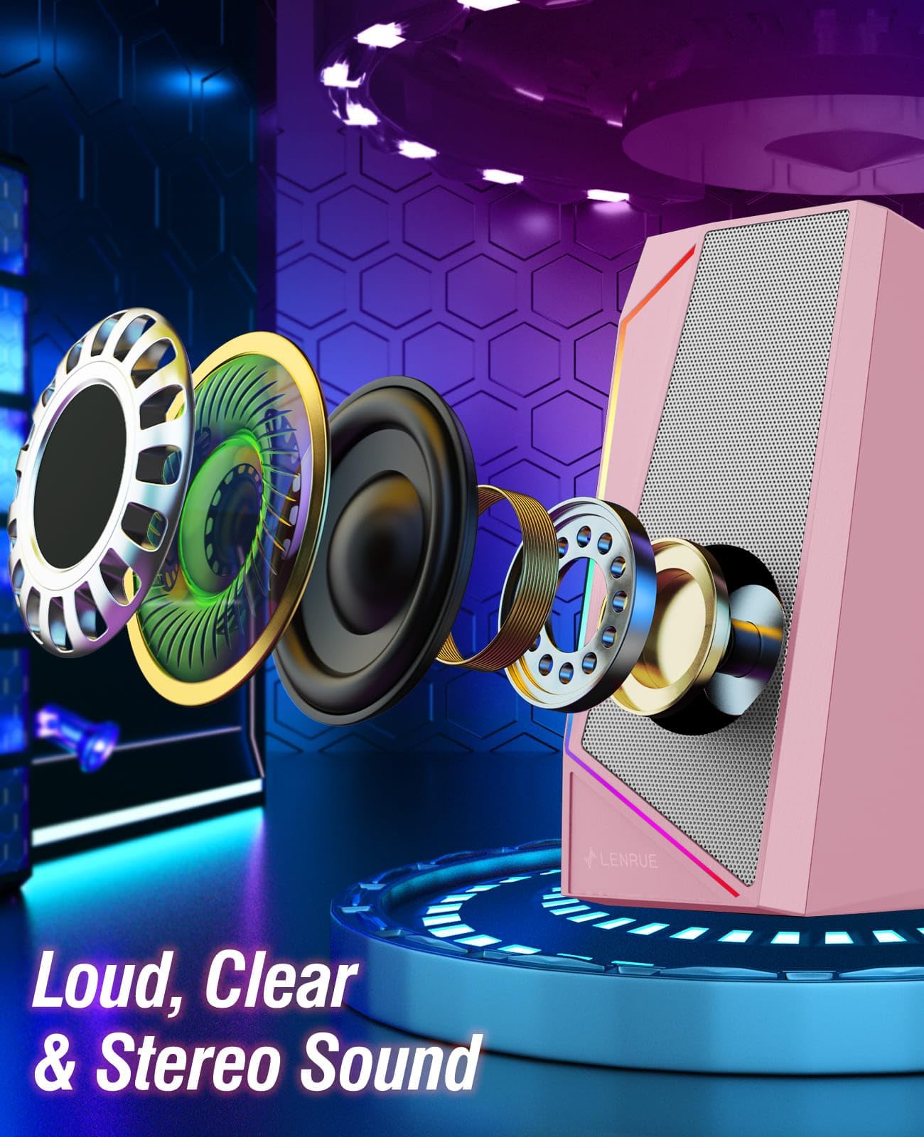 LENRUE Altoparlanti per computer, audio AUX alimentato tramite USB/USB-C per altoparlanti del PC con suono stereo forte, ingresso cuffie, luci touch per desktop, computer, laptop, scrivania