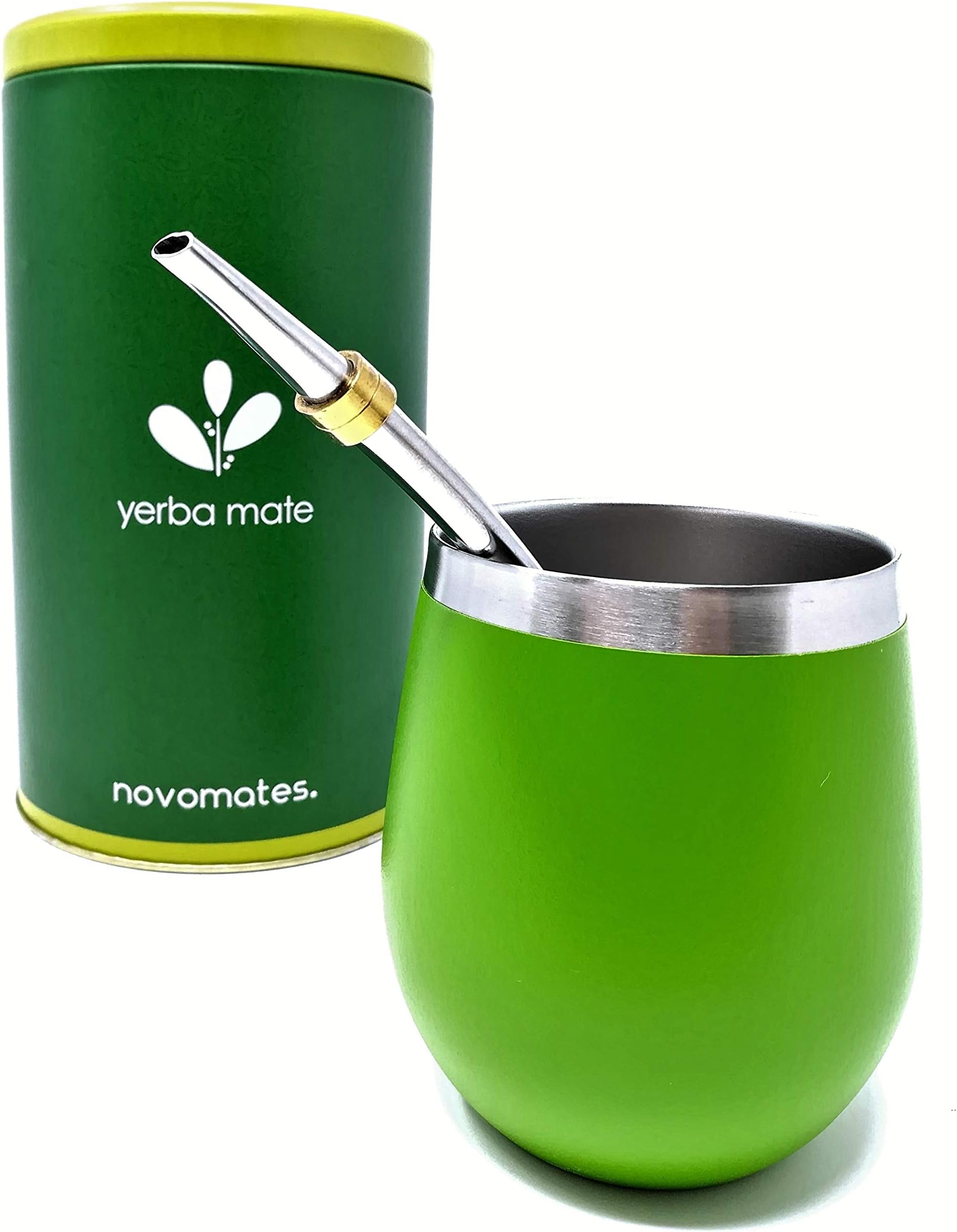 Novomates Yerba Mate Kit - Double Wall Stainless Steel Mate Cup, Bombilla Straw & Yerba Container - 8oz (237ml) Green
