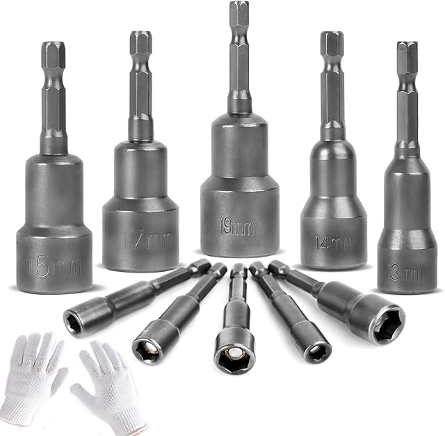 10 Pcs Set Magnetic Hexagon Socket, 6-19mm Magnetic Nut Setter Driver Drill Bit Set 1/4 inch Hex Shank Quick Change Metric Nut Driver Set with 1 Pair of Gloves