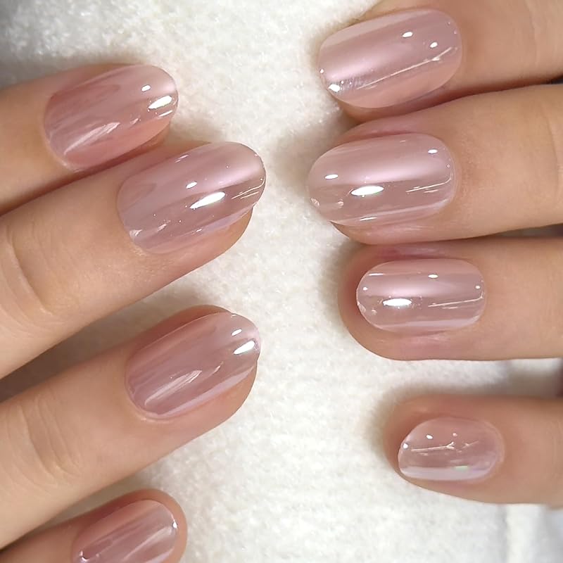 Short Oval Chrome Nude Press On Nails, Champagne Pearl, Soft Gel | 32PCS 16 Sizes, Salon-Quality Natural Fake Nails, Curved Fit, 7-14 Day Glue-On Wear, Reusable Stick-On Nails, Press-On Kit