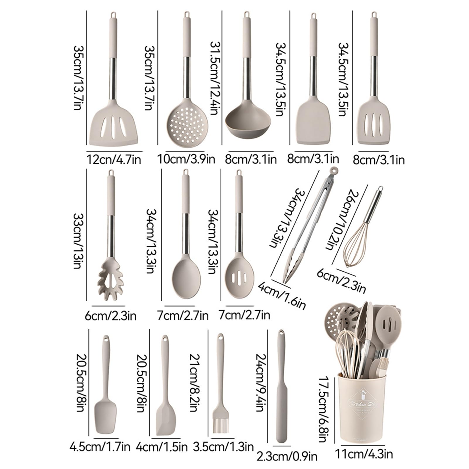 Set di utensili da cucina in silicone, 14 pezzi, atossici, resistenti al calore, lavabili in lavastoviglie con manico in acciaio inossidabile, porta utensili per pentole antiaderenti, senza BPA