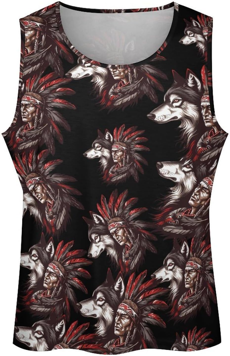 Indian Tribal Chief And Wolf Men's Tank Tops Sleeveless Muscle Shirts for Men Lightweight Vest Crew Neck T-Shirts