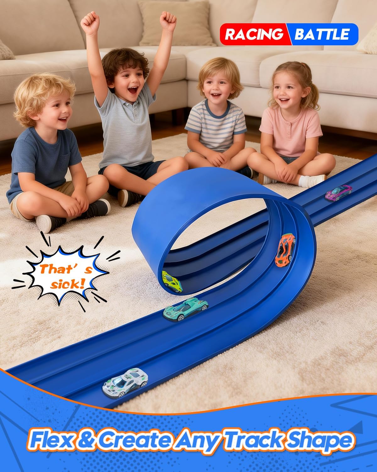 3-Lane Flex Track 15 Ft Flex Race Car Track with 6 Toy Cars,Portable DIY Racetrack Compatible Diecast 1/64th Cars for Ages 3 Up,Birthday Gifts for Boys (Dark Blue-2)