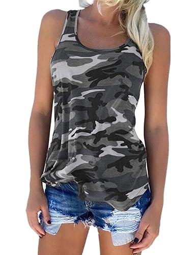 Vosujotis Women's Camo Tank Tops Athletic Shirts Running Shirts Workout Gym Racerback T Shirt - Medium - Grey