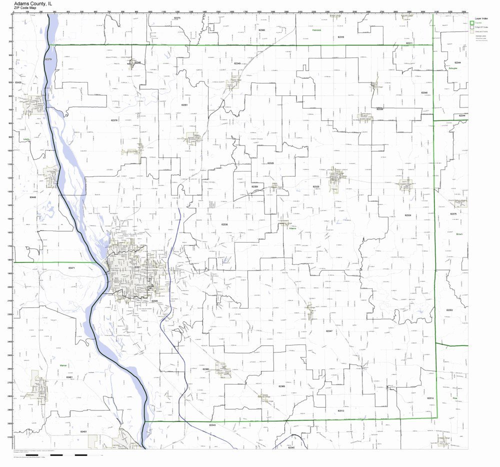 Adams County, Illinois IL ZIP Code Map Not Laminated