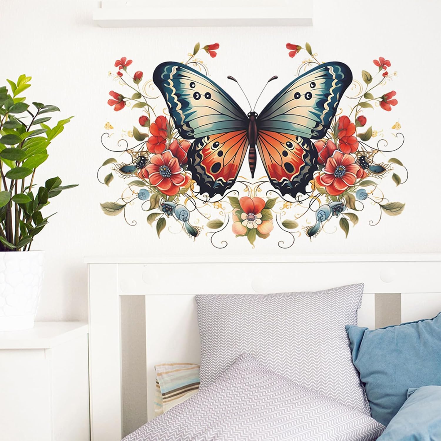 TUOKING Butterfly Red Flowers Wall Stickers Removable Wall Murals Peel and Stick Wall Art Decal Home Decor for Kitchen,Bedroom,Living Room(fun-e34)
