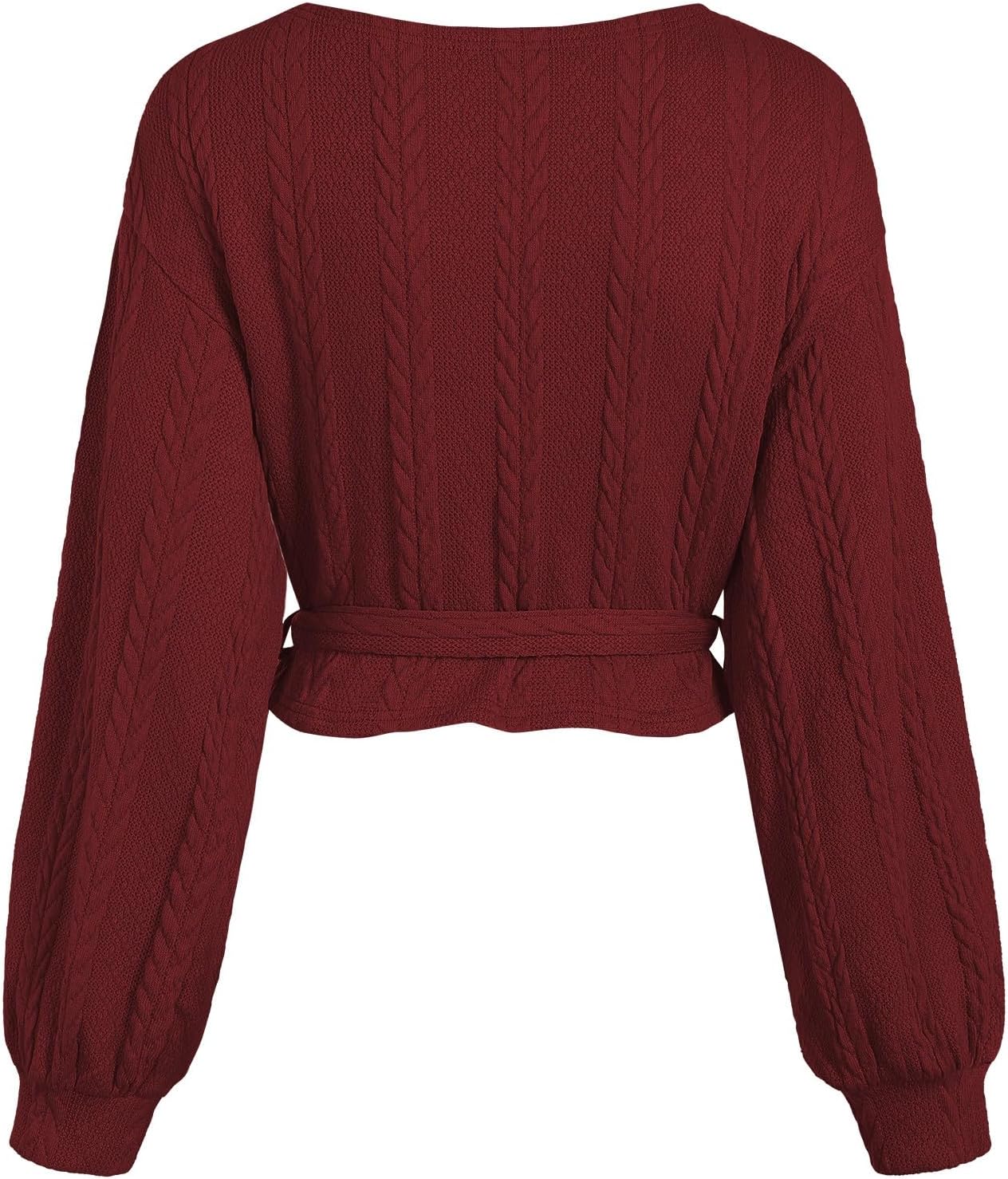 ZAFUL Women's V Neck Sweater Lantern Long Sleeve Pullover Cable Knit Cross Crop Top Casual Tie Wrap Tunic Jumper Blouses - Image 5