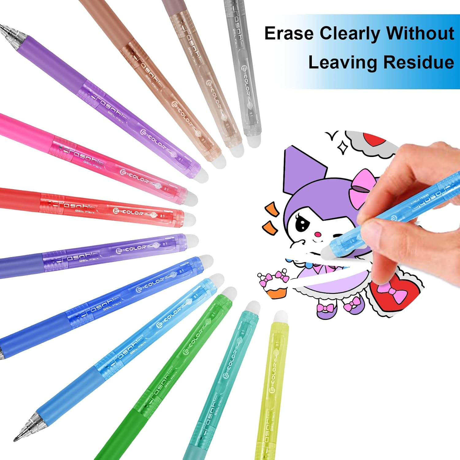 12 Colors Erasable Gel Pens, Retractable Clicker 0.7mm Fine Point, Friction Eraser Pen, Smooth Writing Multicolor Gel Pens for Writing, Drawing, Planners, Crossword Puzzles, School & Office