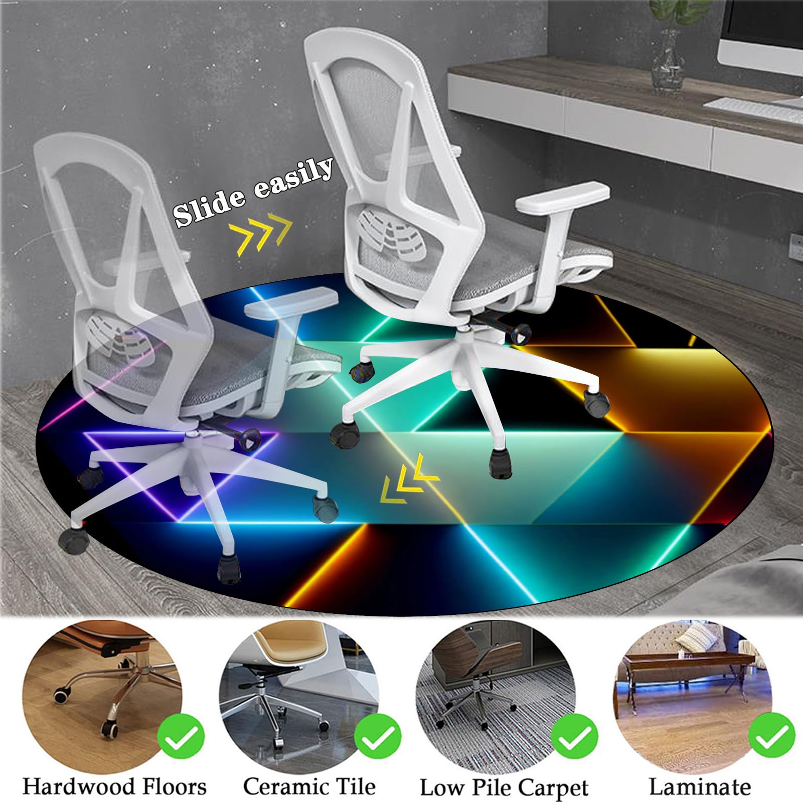 Protège Sol sous Chaise Tapis de Chaise de Bureau pour Moquette et Sol Dur, 90 cm Tapis Gaming Sol Tapis de Chaise de Bureau Tapis Protecteur de Sol pour fauteuils de Gaming Tapis Rond