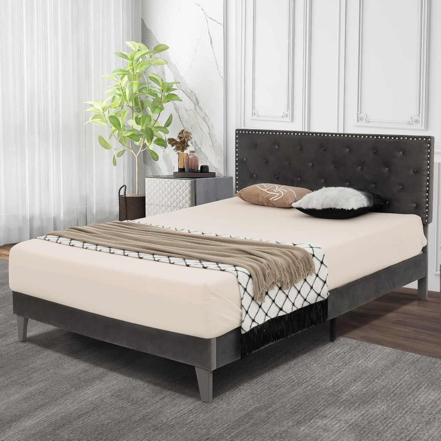 GORELAX Upholstered Queen Bed Frame, Velvet Mattress Foundation w/Solid Wooden Slats Support, Button Tufted & Nailhead Trim Headboard, No Box Spring Needed, Easy Assembly, Low Platform Bed Frame