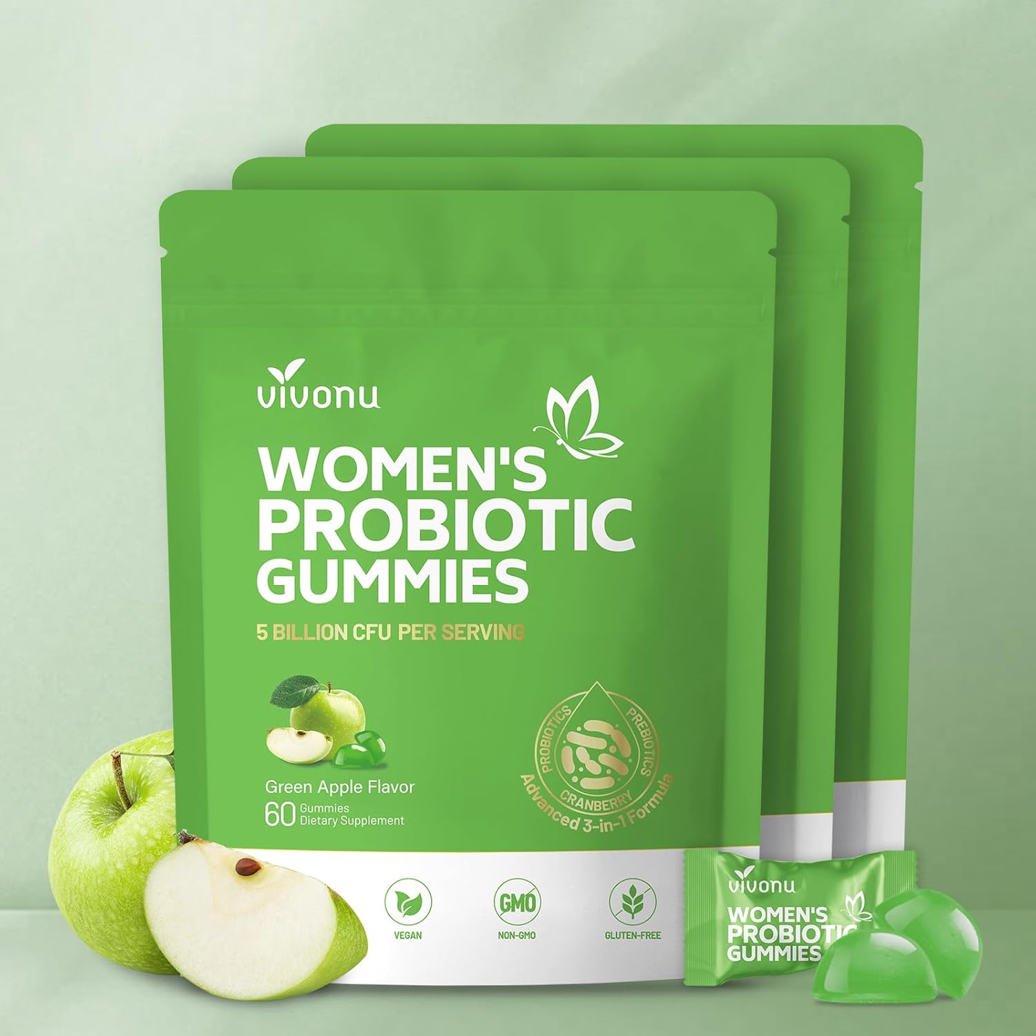 VivoNu Viginal Probiotic for Women, Women Probiotic Gummies, Feminine Balance Gummies, Green Apple Probiotics for Woman Vaginigal Health, Yeast Ph Balance