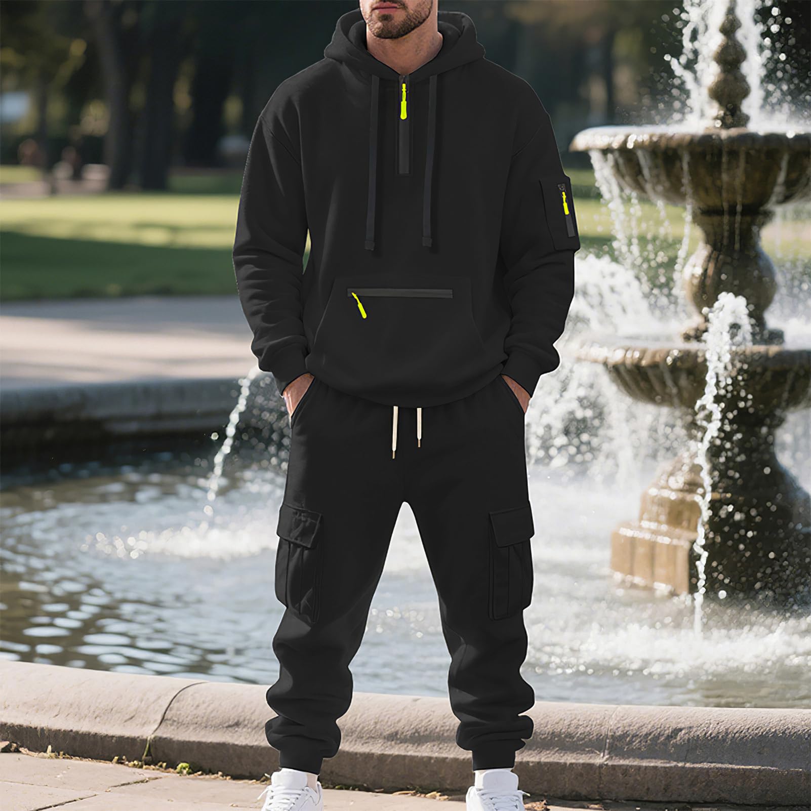 amropi Tuta da Ginnastica con Cappuccio da Uomo Felpa con Cerniera 1/4 e Pantaloni Cargo Sportivo da Jogging Set
