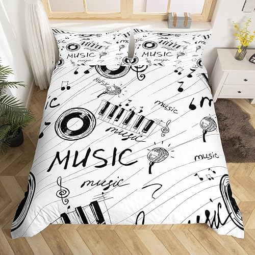 Juego de ropa de cama con temática musical, funda de edredón de notas en blanco y negro para niños y niñas, funda de edredón con patrón musical para disponible en Yaxa Colombia