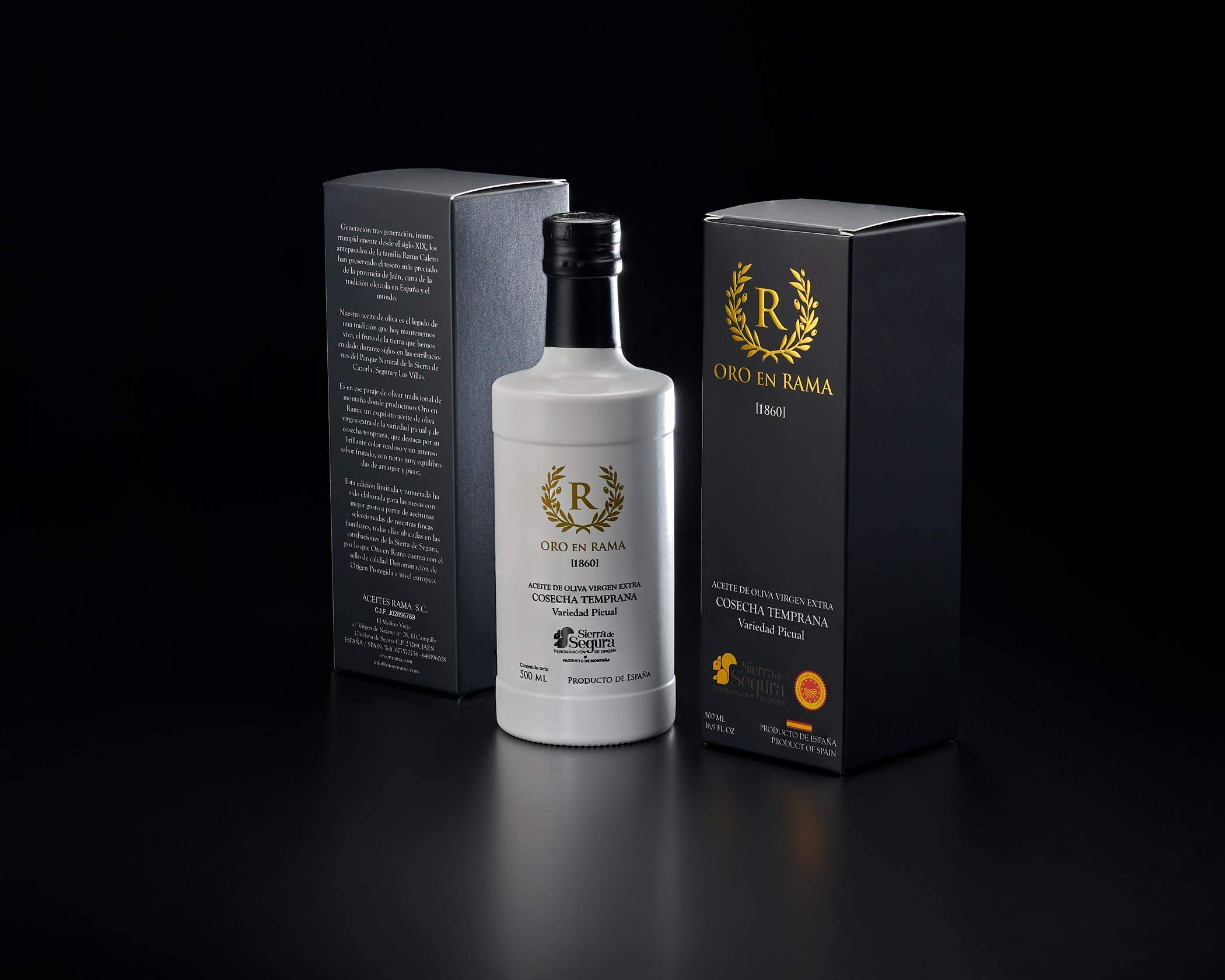 El Oro en Rama Picual de Jaén EVOO, reconocido con el 'Best Early Harvest Green EVOO Prize', presentado en su elegante botella de 500ml.