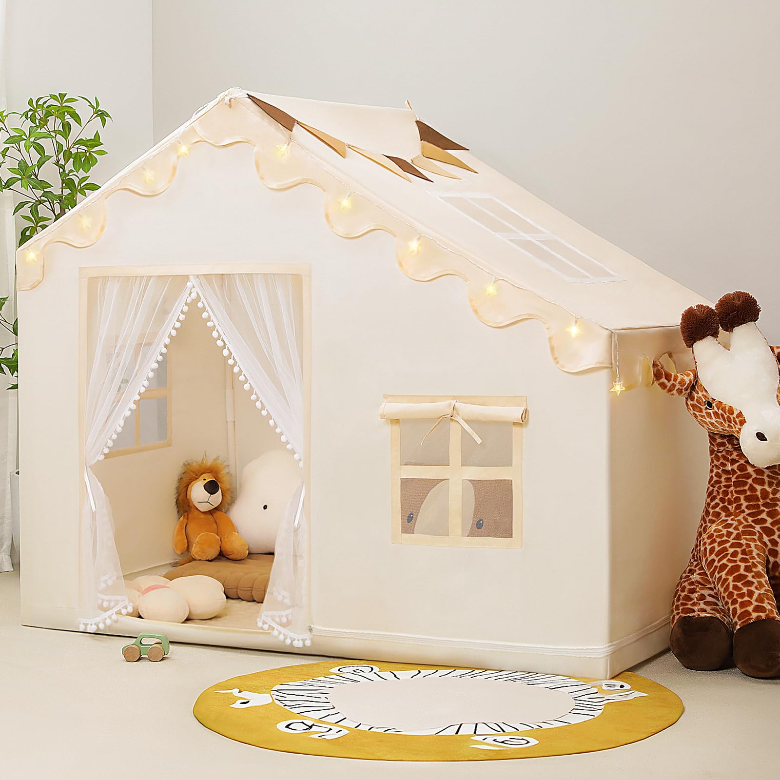 Kids Play Tent with Mat - Kids Tent Indoor with Star Lights and Flags, Toddler Tent for Kids Ages 3-8, Toddler Playhouse for Girls Boys, 57" x 35" x 47" (Beige)